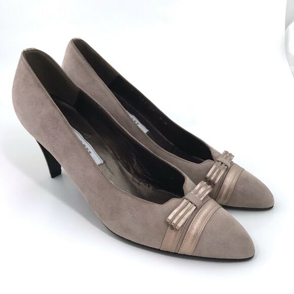 Bally Italy Suede Pumps Taupe Rose Gold Slip On Heels Bow Womens Size 8N - Picture 2 of 11